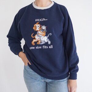 Vintage Cheek-O Sportswear Navy Embroidered Cat “HUGS” Sweatshirt Grandmacore XL